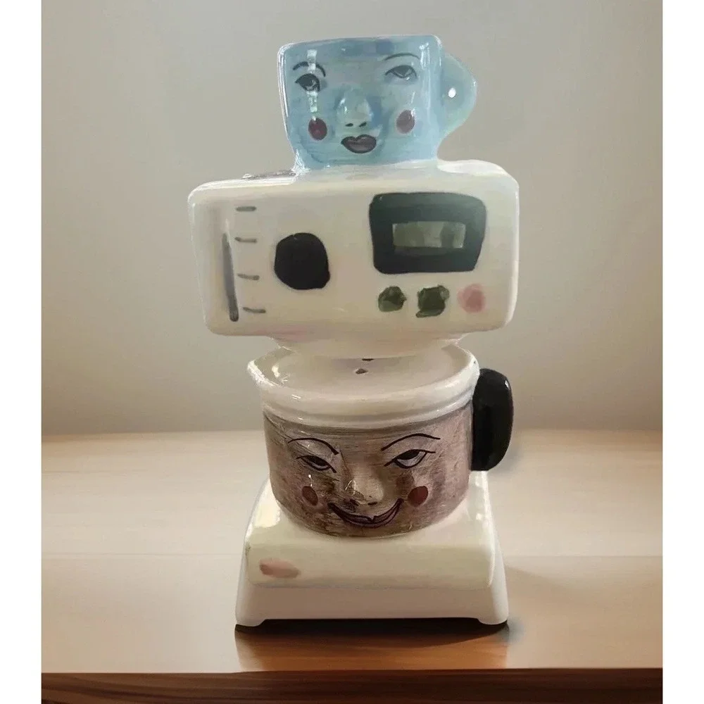 Ceramic Coffee Maker Salt and Pepper Shaker Set Whimsical Face Espresso Machine